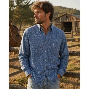 Ariat Mens XL Blue Geometric Print Long Sleeve Button Down Western Shirt Logo